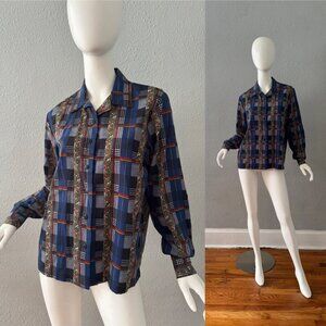 Vintage 80s Blue Plaid Button Long Sleeve Paisley Top Blouse M/L